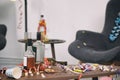 Messy table with popcorn and bottles after party Royalty Free Stock Photo