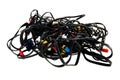 Messy tangle of wires for video on a white background isolated, bundle of audio video electrical leads Royalty Free Stock Photo