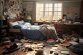 Messy teenager bedroom at day. Generative AI