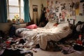 Messy teenager bedroom at day. Generative AI