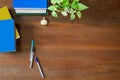 Messy textbooks, notebooks, documents,pens,green plant,pocket watch and hot white coffee cup on vintage grunge wooden background Royalty Free Stock Photo