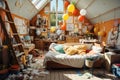 A messy and tidy child\'s bedroom with all kinds of things scattered on the floor Royalty Free Stock Photo