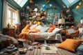 A messy and tidy child\'s bedroom with all kinds of things scattered on the floor Royalty Free Stock Photo