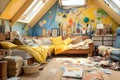 A messy and tidy child\'s bedroom with all kinds of things scattered on the floor Royalty Free Stock Photo