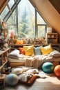 A messy and tidy child\'s bedroom with all kinds of things scattered on the floor Royalty Free Stock Photo