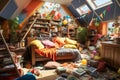 A messy and tidy child\'s bedroom with all kinds of things scattered on the floor Royalty Free Stock Photo