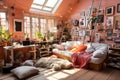 A messy and tidy teenage girl\'s bedroom with all kinds of things scattered on the floor. Full of chatter in the room Royalty Free Stock Photo