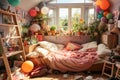 A messy and tidy teenage girl\'s bedroom with all kinds of things scattered on the floor. Full of chatter in the room Royalty Free Stock Photo