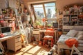 A messy and tidy teenage girl\'s bedroom with all kinds of things scattered on the floor. Full of chatter in the room Royalty Free Stock Photo