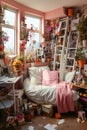 A messy and tidy teenage girl\'s bedroom with all kinds of things scattered on the floor. Full of chatter in the room Royalty Free Stock Photo