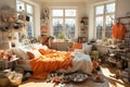 A messy and tidy teenage girl\'s bedroom with all kinds of things scattered on the floor. Full of chatter in the room