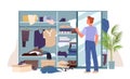 Messy wardrobe with clutter and young man, disorganized clothes chaos in open closet