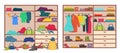 Messy wardrobe, open closet before and after organizing clothes. Tidy or untidy wardrobe, clothing declutter and Royalty Free Stock Photo