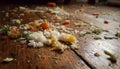Messy wooden floor scattered with rice grains and vegetable bits after baby first solid feeding Royalty Free Stock Photo