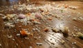 Messy wooden floor scattered with rice grains and vegetable bits after baby first solid feeding Royalty Free Stock Photo