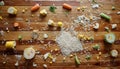 Messy wooden floor scattered with rice grains and vegetable bits after baby first solid feeding Royalty Free Stock Photo