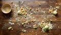 Messy wooden floor scattered with rice grains and vegetable bits after baby first solid feeding Royalty Free Stock Photo