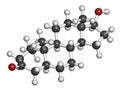 Mesterolone androgen molecule. 3D rendering. Atoms are represented as spheres with conventional color coding: hydrogen white,.