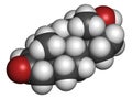 Mesterolone androgen molecule. 3D rendering. Atoms are represented as spheres with conventional color coding: hydrogen white,.