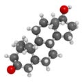 Mesterolone androgen molecule. 3D rendering. Atoms are represented as spheres with conventional color coding: hydrogen white,.