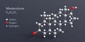 mesterolone molecule 3d rendering, flat molecular structure with chemical formula and atoms color coding