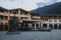 Streets of the tourist town of Mestia of the Svaneti region with classic houses surrounded by the Caucasus Mountains