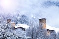 Mestia Svaneti Svan Medieval Tower Georgia. Sunny frosty snowy w