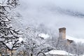 Mestia Svaneti Svan Medieval Tower Georgia. Sunny frosty snowy w