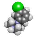 Meta-chlorophenylpiperazine mCPP psychoactive drug molecule. 3D rendering. Atoms are represented as spheres with conventional.