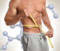 Metabolism concept. Man with slim body and molecular chains on light background, closeup