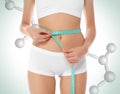 Metabolism concept. Woman with slim body and molecular chains on light background, closeup