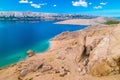 Metajna, island of Pag. Famous Beritnica beach in stone desert amazing scenery aerial view