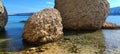 Metajna, island of Pag. Famous Beritnica beach in stone desert amazing scenery aerial view, Dalmatia region of Croatia, close-up