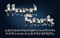 Hard Rock alphabet font. 3D letters, numbers and punctuations in heavy metal style.