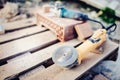 Metal angle grinder in construction site used for cutting bricks and tools Royalty Free Stock Photo