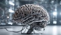 Metal artificial brain. Artificial intelligence. Science laboratory. Fantastic illustration. Ski-fi concept. AI generated Royalty Free Stock Photo