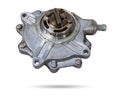Metal automobile pump for cooling the engine of a water pump on a white background. The concept of used spare parts for the car