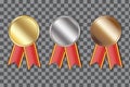 Metal awards. Badges from Gold Silver Bronze. Prize for the champion. Insignia with a red ribbon. Vector image