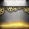 Metal background with cogwheel gears and electric lightning