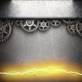 Metal background with cogwheel gears and electric lightning