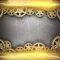 Metal background with cogwheel gears and electric lightning