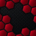 Metal background with hexagons. Black and red geometric background.