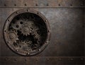 Rusty metal background with porthole and gears inside 3d illustration Royalty Free Stock Photo