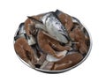 Large pieces of fresh raw atlantic salmon and Fresh salmon head isolated on white background with clipping path