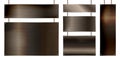 Metal banners hanging on a chain. Realistic shiny steel plate with screws. Polished rusty metal surface. Vector