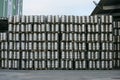 Metal barrels full of beer stacked in the yard of beer plant Obolon to deliver for sale.