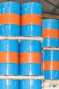 Metal barrels for storage and transportation of orange oil in the warehouse of canning orange factory or plant