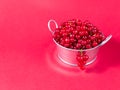 A metal basin filled with red currants on pink background Royalty Free Stock Photo