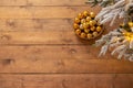 Metal basket with balls, on rough wooden floor. New Year or Christmas background. Greeting card Royalty Free Stock Photo