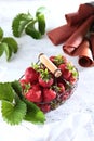 Metal basket with fresh strawberries. Strawberry pastille is rolled into a tube. Natural product. Copy of the space. Vertical